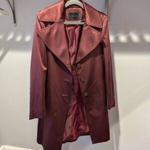 Tahari Satin Topper Trenchcoat, Claret, Size Medium
